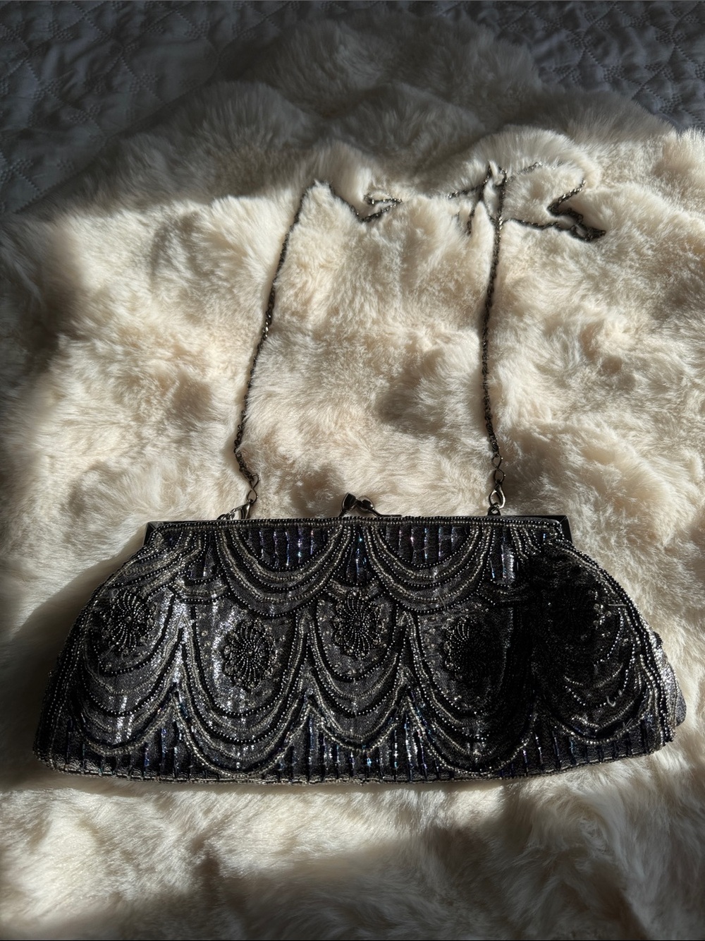 Beaded Black Evening Clutch with Chain Strap